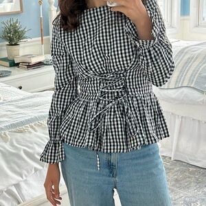 Anthropologie Lea & Viola Size S Black and White Gingham Bell Sleeve Top